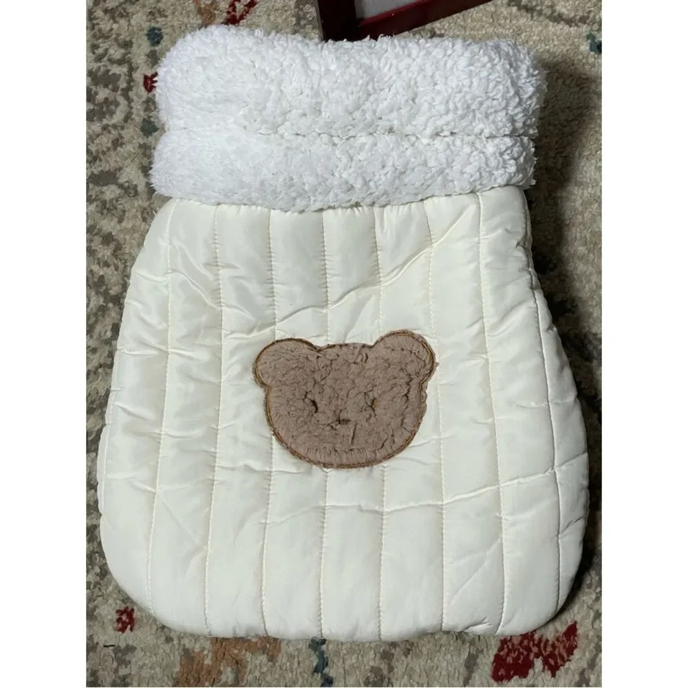 Kimpets Cream Quilted Sherpa-Trim Pet Neat with Bear Patch Kitty Sleeping Bag